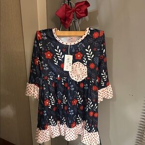 Pete & Lucy Floral Navy Dress with Red Accents includes Bow